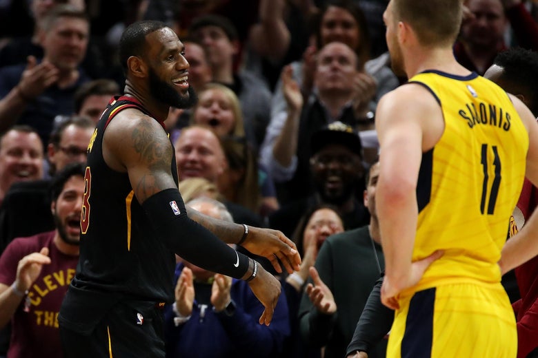 CLEVELAND, OH - APRIL 29: LeBron James #23 of the Cleveland Cavaliers react after a first half basket next to Domantas Sabonis #11 of the Indiana Pacers in Game Seven of the Eastern Conference Quarterfinals during the 2018 NBA Playoffs at Quicken Loans Arena on April 29, 2018 in Cleveland, Ohio. NOTE TO USER: User expressly acknowledges and agrees that, by downloading and or using this photograph, User is consenting to the terms and conditions of the Getty Images License Agreement. (Photo by Gregory Shamus/Getty Images)